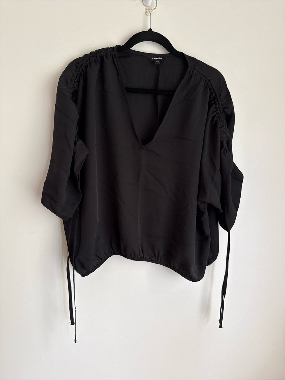 Express Black V-Neck Ruched Shoulder Tie-Sleeve Blouse